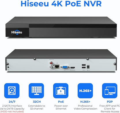 Hiseeu 4K 32 Channel PoE NVR Network Video Recorder for Security Camera System, Support 4K/5MP/4MP/3MP/1080P PoE Camera, Motion Detect,24/7 Recording, Smart Playback, No Hard Drive