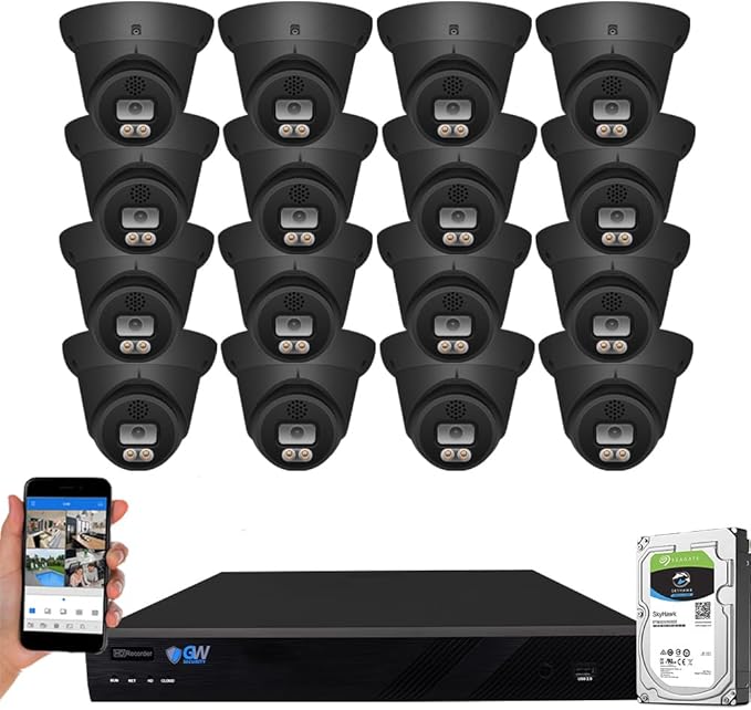GW Security 16 Channel 12MP NVR 4K Fulltime Color Night Vision Security Camera System with 16 x 8MP IP Two-Way Audio Alarm Lights AI PoE Dome Security Cameras, Face Recognition, Human & Car Detection