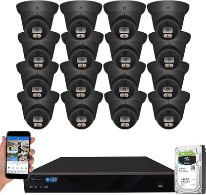 GW Security 16 Channel 12MP NVR 4K Fulltime Color Night Vision Security Camera System with 16 x 8MP IP Two-Way Audio Alarm Lights AI PoE Dome Security Cameras, Face Recognition, Human & Car Detection