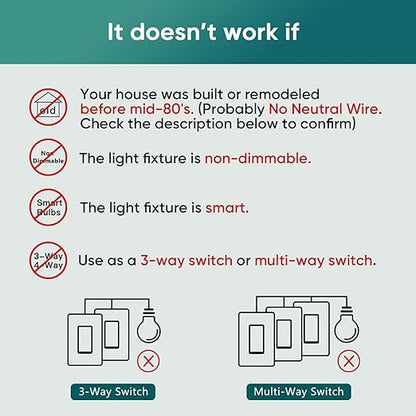 TREATLIFE Smart Dimmer Switch, Single-Pole Smart Switch for Dimmable Bulbs, 2.4GHz WiFi Smart Light Switch Works with Alexa and Google Home, APP Remote Control, Neutral Wire Required