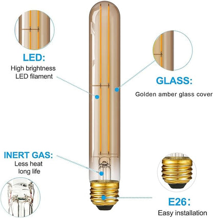7.3 Inch 2200K Edison Bulbs Amber Dimmable,Vintage Style Decorative Antique Light Bulb,T10 Long Tubular LED Light Bulbs,6W E26 LED Bulb 80 Watt,UL Certified(4 Pack)