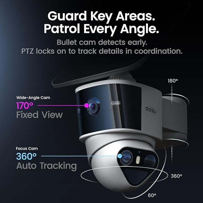 aosu T2 Pro Solar Security Cameras Wireless Outdoor, 4 Cam Kit, 3K Dual Cam No Blind Spot Security Camera for Home, 170° Wide + 360° PTZ, AI Detection, 8X Zoom, Expandable 1TB Local Storage