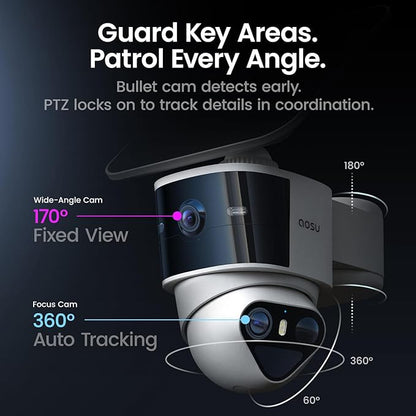 aosu T2 Pro Solar Security Cameras Wireless Outdoor, 4 Cam Kit, 3K Dual Cam No Blind Spot Security Camera for Home, 170° Wide + 360° PTZ, AI Detection, 8X Zoom, Expandable 1TB Local Storage