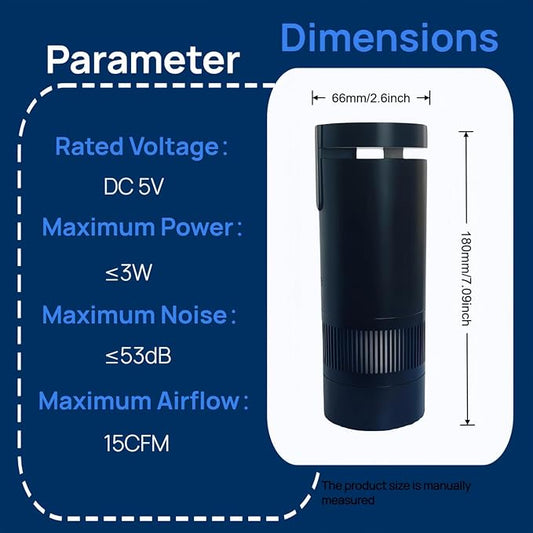 Aluminum alloy Portable Air Purifier for Car and Home, Black, DC 5V, 15 CFM Airflow, Negative Ion Purification, 3-Speed Adjustment, Quiet Operation ≤53dB,7.09in*2.6in*2.6in