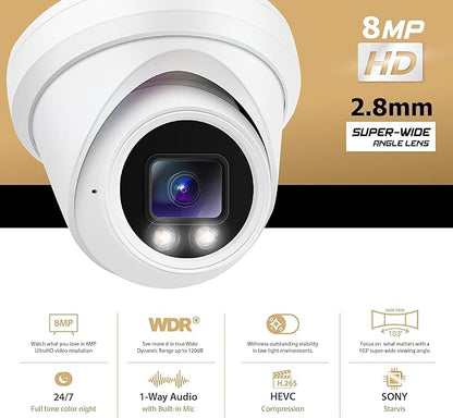 Marquis 4K 8MP PoE IP Turret Dome Camera with Microphone, 2.8mm Wide Angle, 24/7 Full Color Night Vision, Dual Light, Weatherproof IP67 Indoor Outdoor Security Camera