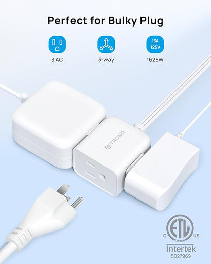 TROND 360 Rotating Flat Plug Extension Cord 10ft, 3 AC, ETL Listed, White