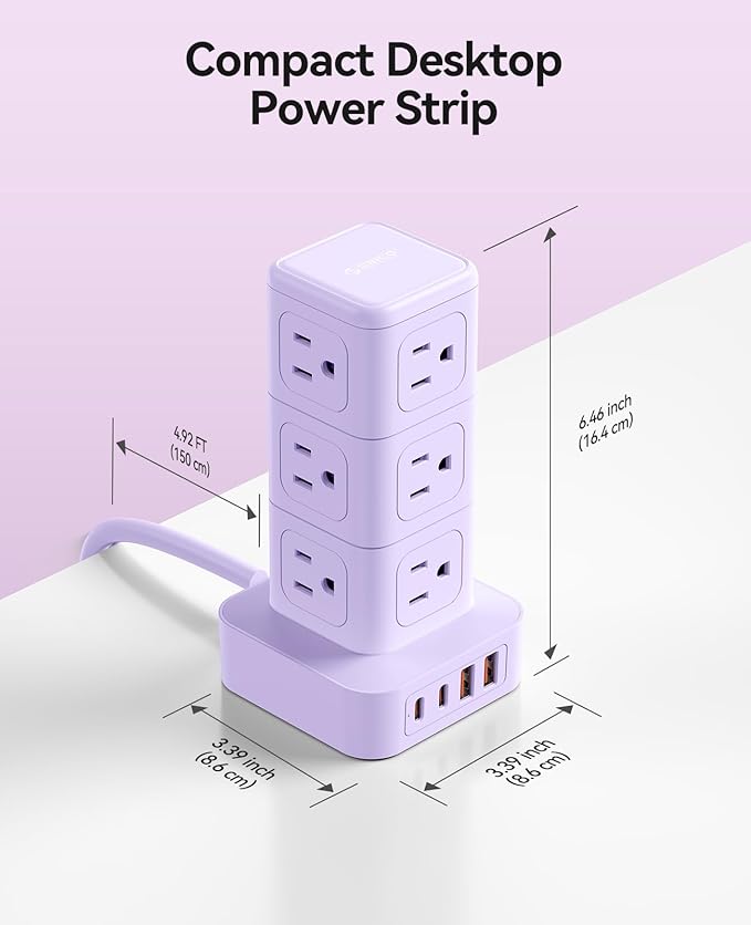 ORICO Power Strip Tower with Multiple Outlets, Tower Extension Cord with 12 AC Outlets 4 USB Ports (2 USB C), Space Saving Design, 5FT Cord Power Tower for Home, Office, Dorm - TPP20