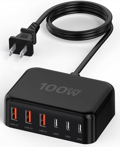 100W 6 in 1 USB Charger, 50% Smaller Charging Station for Multiple Devices | Fast Charging Blocks with Type C Port, USB Charging Hub Organizer Multiport Power Strip for iPhone,Samsung,Ipad,Kindle,Travel