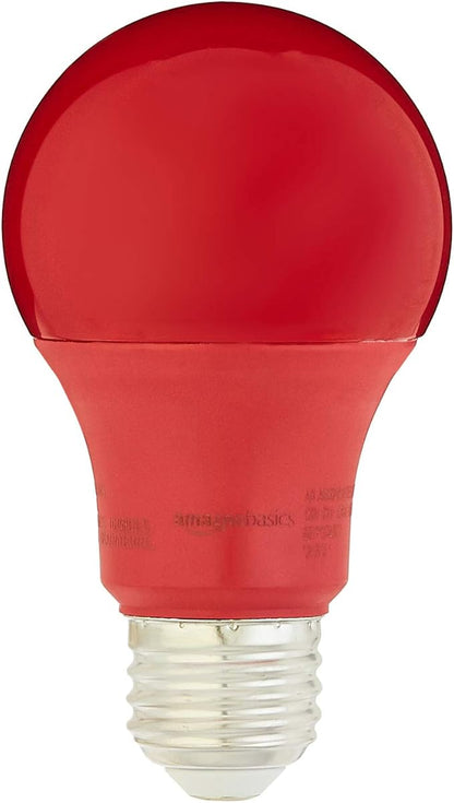 Amazon Basics A19 Red Color Party LED Light Bulbs, 60W Equivalent, 9W Energy Efficient, E26 Standard Base, Non-Dimmable, 10,000 Hour Lifetime, 2-Pack