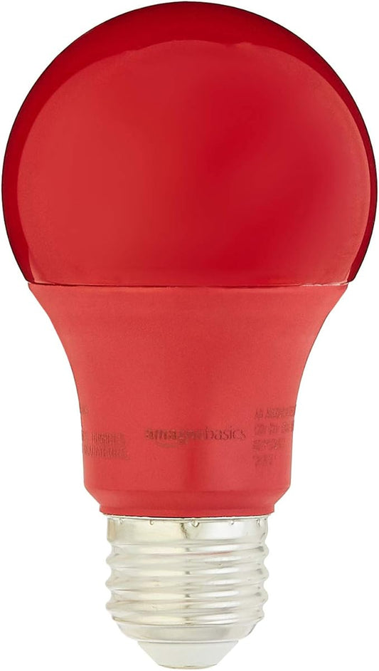 Amazon Basics A19 Red Color Party LED Light Bulbs, 60W Equivalent, 9W Energy Efficient, E26 Standard Base, Non-Dimmable, 10,000 Hour Lifetime, 2-Pack