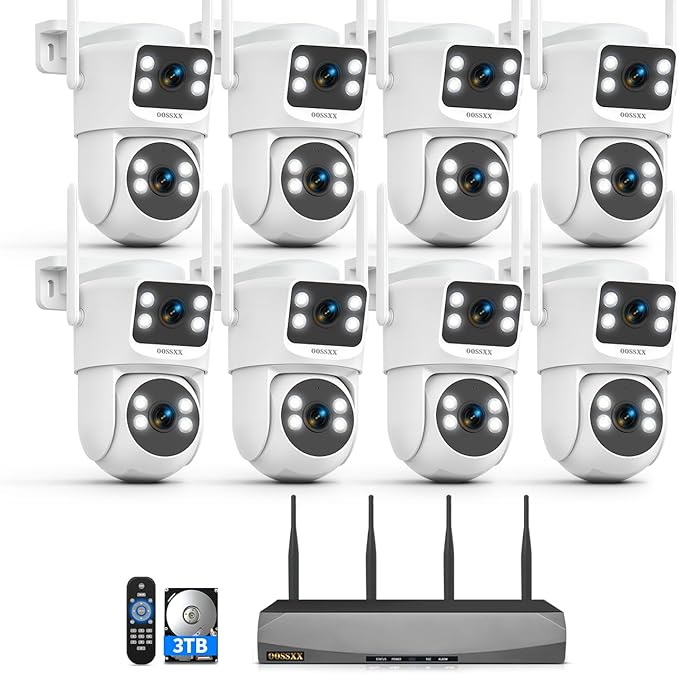 OOSSXX 2K Dual Lens PT Wireless Security Camera System, 2 Cameras in 1, 130° Wide Angle, Long Range WiFi +76%, PIR Human Detection, 2-Way Audio, 16CH NVR, No Monthly Fee