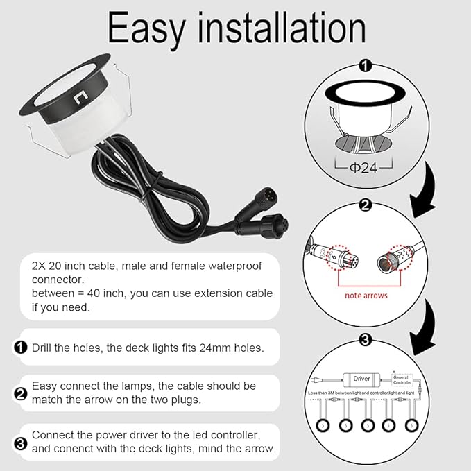 Sumaote LED Deck Lights Kit RGBW 30pcs Φ1.22 Low Voltage Recessed Deck Lamp In-ground Lights Waterproof Outdoor Yard Path Stairs Steps Landscape Decor, Multicolor & Warm White Lighting, Black Shell