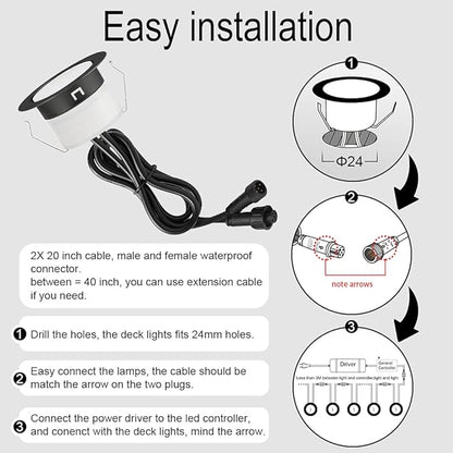 Sumaote LED Deck Lights Kit RGBW 20pcs Φ1.22 Low Voltage Recessed Deck Lamp In-ground Lights Waterproof Outdoor Yard Path Stairs Steps Landscape Decor, Multicolor & Warm White Lighting, Black Shell