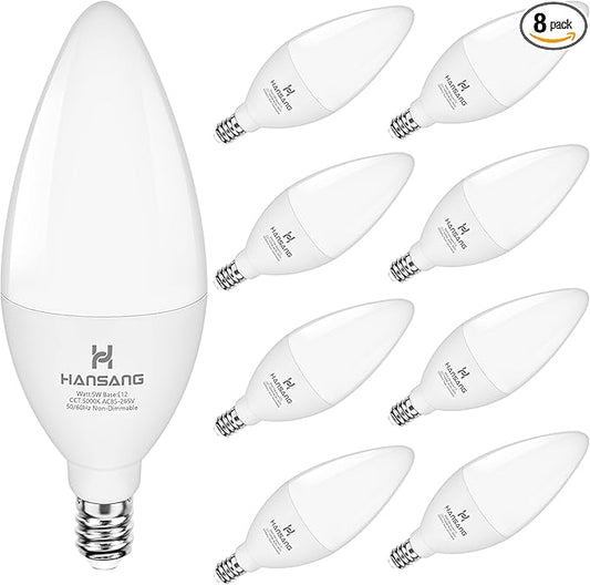 LED Candelabra Light Bulbs E12 Small Base Daylight 5000K, Hansang Type B Shape Light Bulb 60w Equivalent, 500LM Small Candelabra Base B11 Light Bulb for Chandelier Ceiling Fan 120V Non-Dimmable 8 Pack