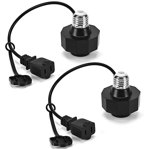 E26 Socket to AC Outlet Power Adapter, 2-Prong Plug Light Socket for Smart Bulbs and Outdoor Cameras, Includes Extension Cord, Ideal for Security Systems and LED Strips (Max 300W) 2 Pack