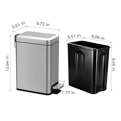 Sineng Bathroom Trash Can with Lid Soft Close, 1.6 Gallon Stainless Steel Small Pedal Garbage Can with Removable Inner Bucket, Waste Bin for Kitchen Bedroom, Compact Toilet Trash bin