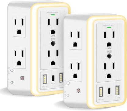 WBM Smart Multi Plug Outlet, Surge Protector, 6-Outlet Extender with 2 USB Charging Ports, USB-C & Night Light, 3-Sided Power Strip with Adapter Spaced Outlets - 2 Count, White
