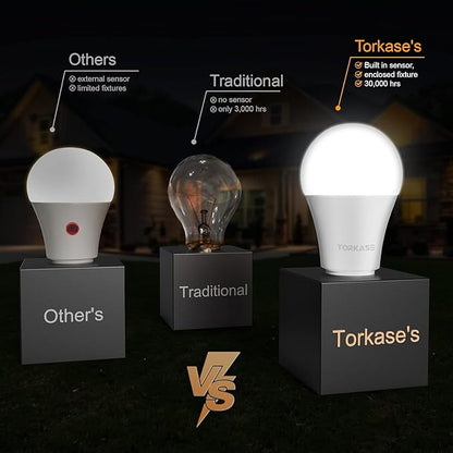 Torkase Outdoor Dusk to Dawn Light Bulbs, Smart Sensor LED Lighting Bulb 13W(100W Equivalent), E26 6000K,6 Pack Built-in Photocell Detector, Automatic On/Off,for Porch Hallway Garage Boundary