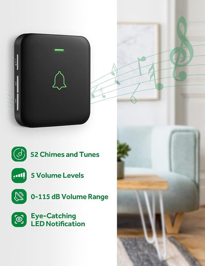 AVANTEK Wireless Doorbell, Battery-Powered & Portable, 1000 ft Range, Black