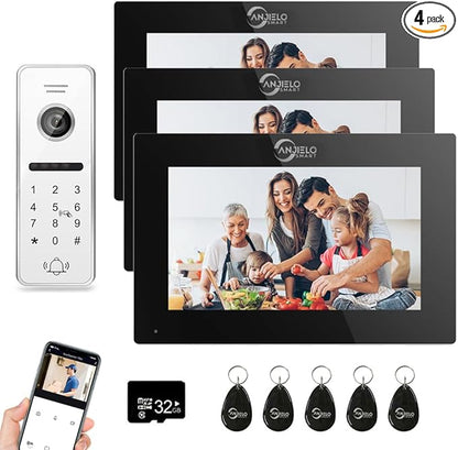 Wired Video Doorbell Apartment Intercom 3 Unit 7 Inch Touch Screen Monitor 1080P HD Camera 4 in 1 Unlocking Support RFID Card Password WiFi Smart Home Door Phone Kits for Home Villa,32G