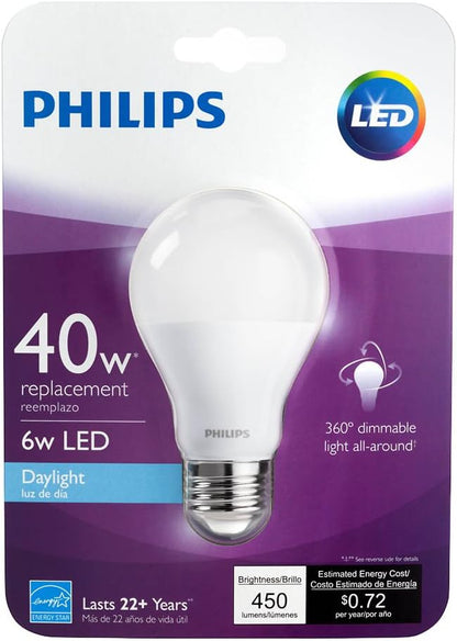 Philips LED Non-Dimmable A19 Frosted Light Bulb: 5000-Kelvin, 6-Watt (40-Watt Equivalent), E26 Base, Daylight, 4-Pack (Old Generation)