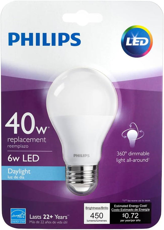 Philips LED Non-Dimmable A19 Frosted Light Bulb: 5000-Kelvin, 6-Watt (40-Watt Equivalent), E26 Base, Daylight, 4-Pack (Old Generation)