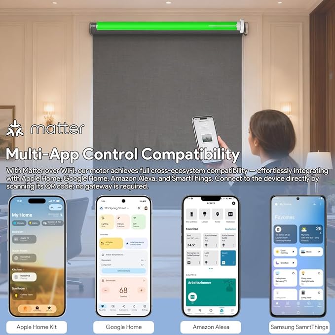 Matter Over WiFi Smart Roller Shade Motor for 1.5"/38mm Tube, WiFi Electric Blinds Kit Works with Apple HomeKit Alexa Google Home SmartThings, No Hub Needed, Quiet Wired Engine, Remote/Voice Control