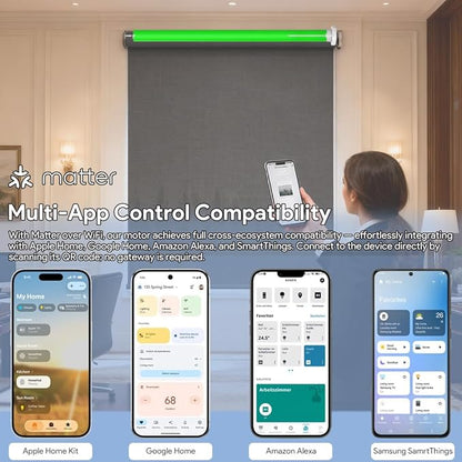 Matter Over WiFi Smart Roller Shade Motor for 1.5"/38mm Tube, WiFi Electric Blinds Kit Works with Apple HomeKit Alexa Google Home SmartThings, No Hub Needed, Quiet Wired Engine, Remote/Voice Control