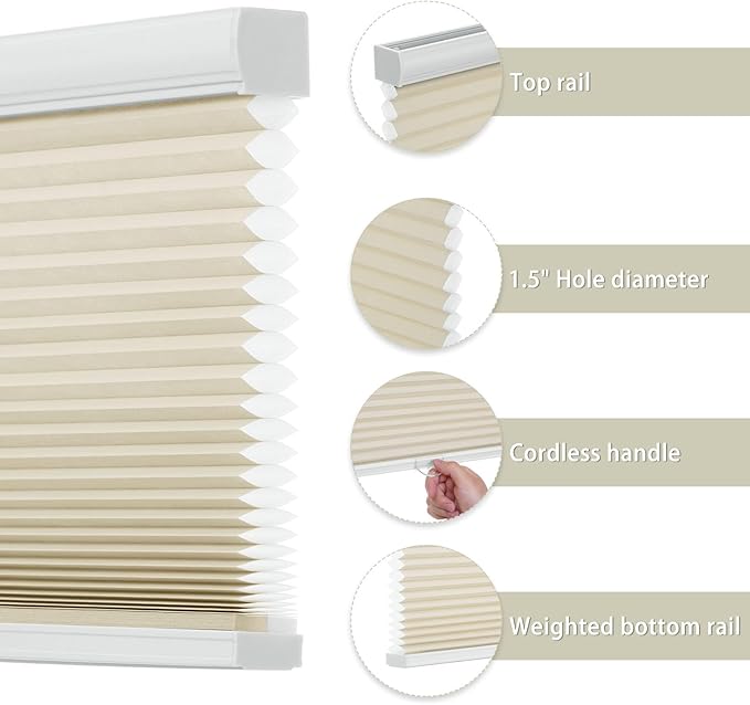 Changshade Cordless Cellular Shades Light Filtering Custom Size, Honeycomb Door Indoor Window Blinds 1.5 inch Cell Easy Install for Home, Office, Living Room, Bedroom, Bathroom, Nursey, Beige