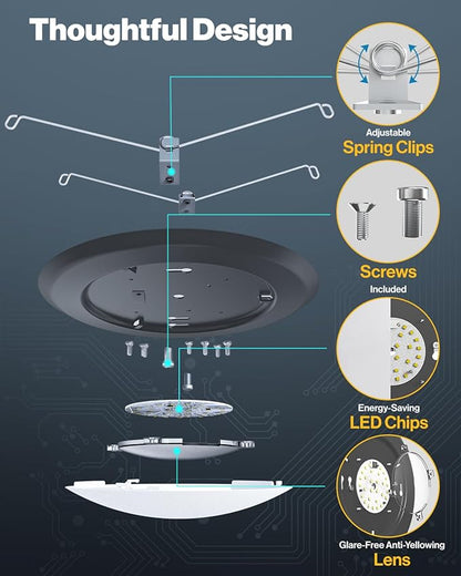 Sunco 6 Pack 6 Inch LED Disk Lights, Flush Mount Black Disc Recessed Ceiling Can Lighting, 1050 LM, Selectable CCT 2700K/3000K/4000K/5000K/6000K, Dimmable, 15W=100W, Wet Rated ETL.