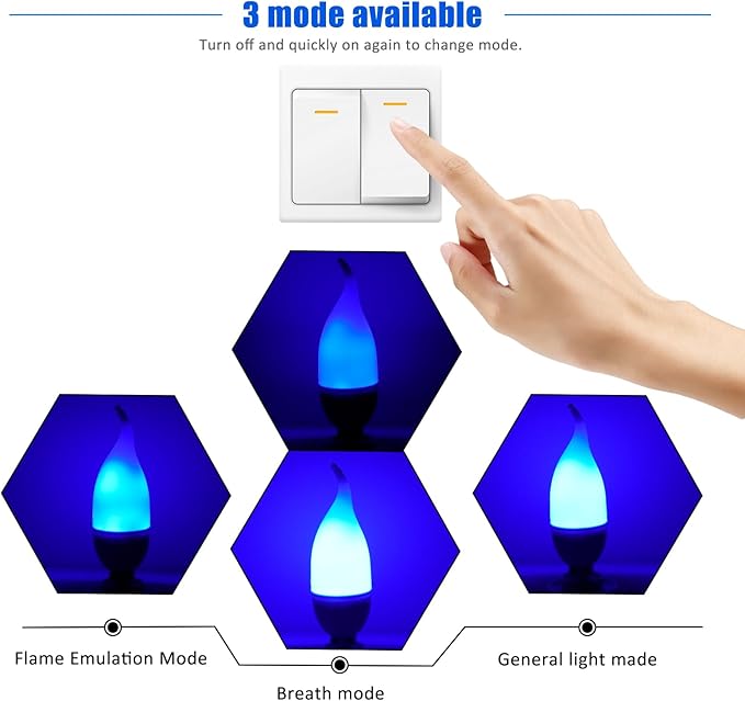 Bestview LED Flame Effect Light Bulbs,3 Modes Flickering Light Bulbs, Smart E12 Chandelier Base Candle Fire Light Bulb for Halloween, Christmas,Party, Porch Indoor&Outdoor Decoration -6 Pack(Blue)
