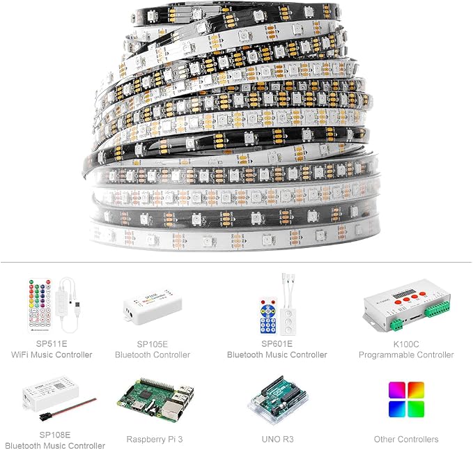 BTF-LIGHTING WS2812B IC RGB LED Strip,UL Listed,Pure Gold Wires,DC5V 3.28FT 100LED 5050SMD,Individually Addressable,Flexible for DIY Chasing Full Color Project,3M Tape,IP30(No Adapter or Controller)