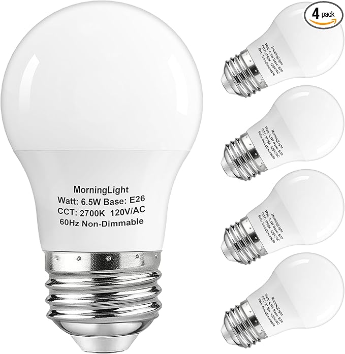 MorningLight 4 Pack A15 Light Bulbs 60 Watt Equivalent, 2700K Warm White, Non-Dimmable, 600 Lumens, E26 Base, A15 6.5W LED Light Bulbs 60 Watt for Ceiling Fan, Enclosed Fixture
