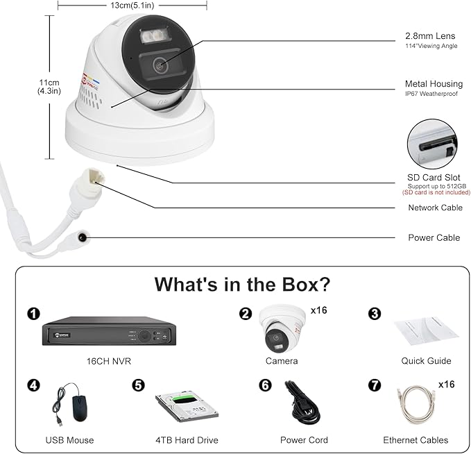 《Strobe Sound Light Alarm & 2-Way Audio》Anpviz 16CH 4K PoE Security Camera System, 16X 8MP Wired IP Turret Cameras Outdoor Metal, 12MP NVR with 4TB HDD, True Plug & Play for Business Home(H Series)