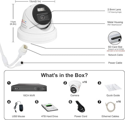 《Strobe Sound Light Alarm & 2-Way Audio》Anpviz 16CH 4K PoE Security Camera System, 16X 8MP Wired IP Turret Cameras Outdoor Metal, 12MP NVR with 4TB HDD, True Plug & Play for Business Home(H Series)