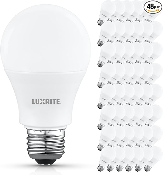 LUXRITE A19 LED Light Bulb 60 Watt Equivalent, Non-Dimmable, 3500K Natural White, 800LM, Standard LED Light Bulbs 8W, E26 Base, Enclosed Fixture Rated, Damp Rated, ETL Listed (48 Pack)
