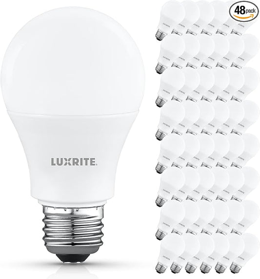 LUXRITE A19 LED Light Bulb 60 Watt Equivalent, Non-Dimmable, 3000K Soft White, 800LM, Standard LED Light Bulbs 8W, E26 Base, Enclosed Fixture Rated, Damp Rated, ETL Listed (48 Pack)
