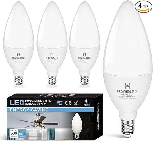 E12 Candelabra LED Bulbs 2700K Warm White, 60Watt Equivalent, Type B Light Bulb for Chandelier, 5W B11 Ceiling Fan Light Bulbs Small Base, 500LM, 120V, Non-dimmable, 4 Pack