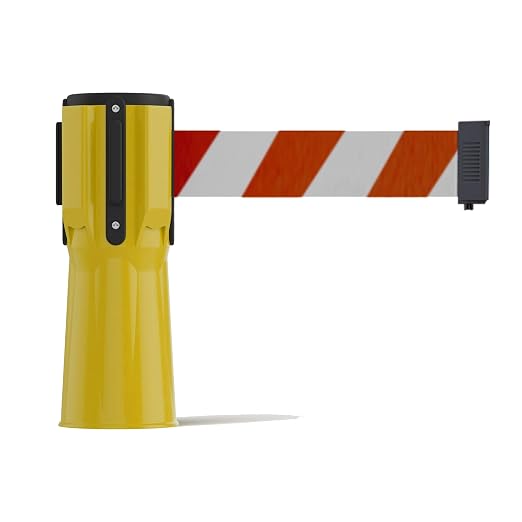 Trafford Industrial 11 Ft Cone-Mounted Retractable Belt Barrier | Yellow ABS Case, Red and White Diagonal 2-inch Herringbone Webbing, 4-way Receiver and Controlled Retraction.