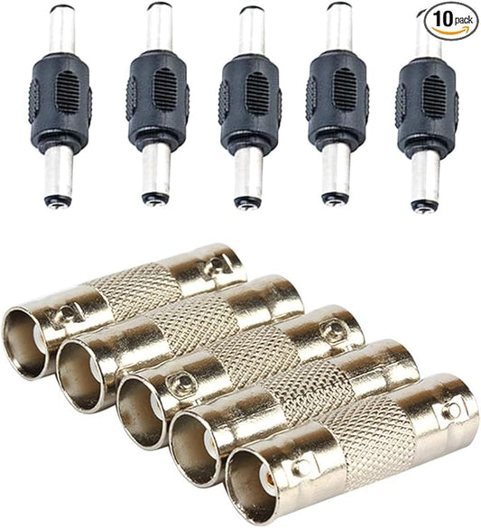 XFFCSEC10PCS BNC Female to Female and DC Male to Male Connector 5.5mm x 2.1mm 12V 5A Power Cable Jack Adapter，DC Power Jack Plug Adapter and BNC Connector for CCTV Home Security Surveillance.
