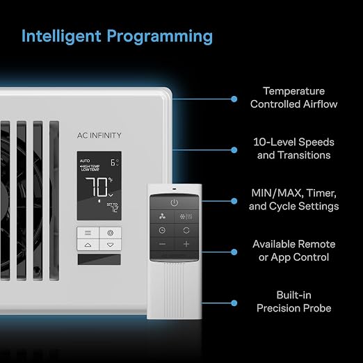 AC Infinity AIRTAP T6, White Register Booster Fan for 6”x10” Openings | LCD Temperature Controller and Remote, Bluetooth, Quiet 10-Speeds
