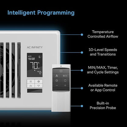 AC Infinity AIRTAP T6, White Register Booster Fan for 6”x10” Openings | LCD Temperature Controller and Remote, Bluetooth, Quiet 10-Speeds