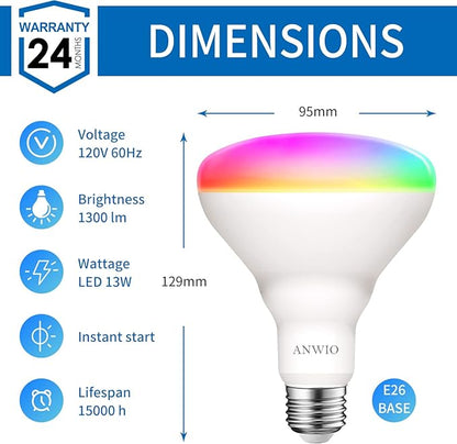 ANWIO Smart Light Bulb BR30 RGB Color Changing LED WiFi Dimmable Multicolor Light Bulbs E26 Base, Compatible with Alexa, Google Assistant, No Hub Required, 1300 Lumen 13W (100W Equivalent) 4 Pack