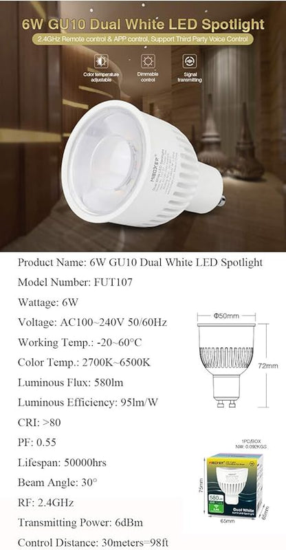 LGIDTECH FUT107 Miboxer 6W LED Spotlight Bulb GU10 WW+CW,Warm White+Cool White Color Dual White CCT Temperature Adjustable,Memory Function.All Controller is Sold Separately