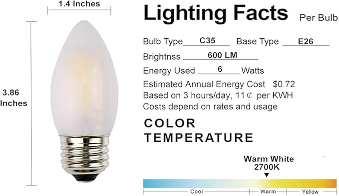 C35 LED Candelabra Bulb, 6W Dimmable, E26 Standard Base, 600LM 60W Incandescent Equivalent, 2700K Soft Warm White Light, Frosted Glass Housing, Torpedo Tip, 3-Pack