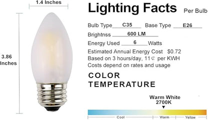 C35 LED Candelabra Bulb, 6W Dimmable, E26 Standard Base, 600LM 60W Incandescent Equivalent, 2700K Soft Warm White Light, Frosted Glass Housing, Torpedo Tip, 3-Pack