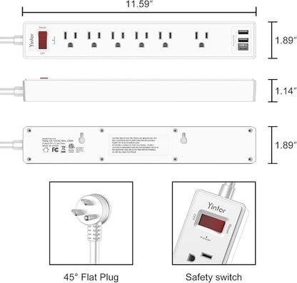 6 Ft Power Strip Surge Protector - Yintar Extension Cord with 6 AC Outlets and 3 USB Ports for Home, Office, Dorm Essentials, 1680 Joules, ETL Listed, White