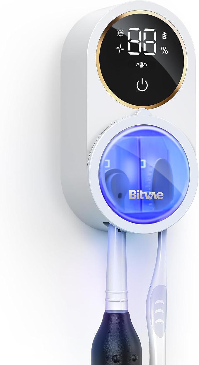 Bitvae Upgraded Tooth Brush Holder for Bathroom 2.0 Infrared Sensing | Toothbrush Cleaner, Wall-Mounted for Most Size Toothbrushes, Air Drying, LED Smart Screen, White Gold Trim