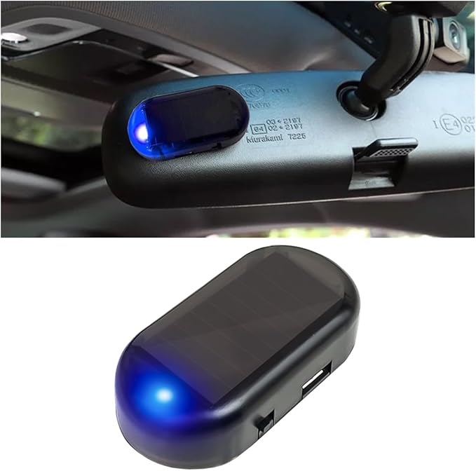 JOYCOURT Car Solar Power Simulated Dummy Alarm, Flash Warning LED Light Alarm, Anti-Theft LED Warning, Flashing Security Light Fake Lamp with USB Port, Car Accessories for Most Cars (Blue, 1PC)