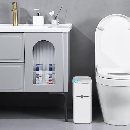 MOPUP Bathroom Trash Can, Automatic Bagging Garbage Can, 3.5 Gallon Slim Smart Small Plastic Trash Bin, Narrow Motion Sensor Trash Can for Bedroom, Office White